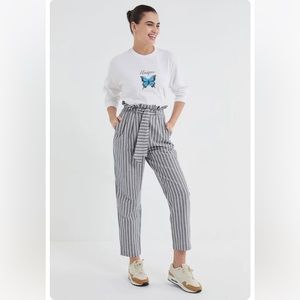 Urban Outfitters Gianna Striped High Rise Paper Bag Pants Blue Cotton Linen
